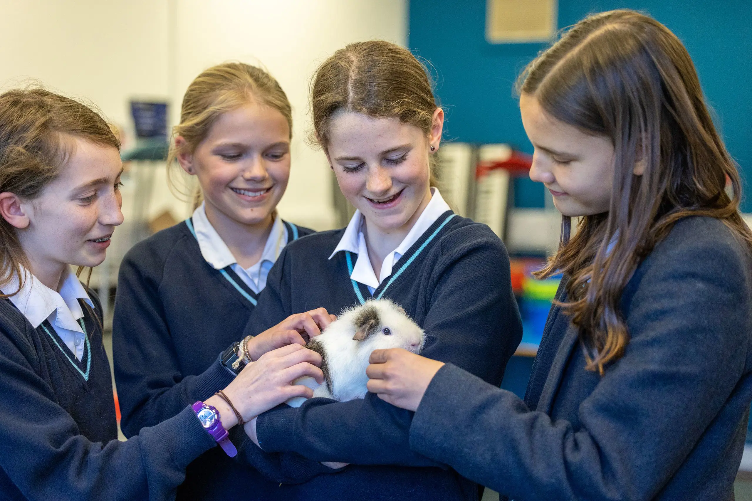 group of young pupils with a guinea pig