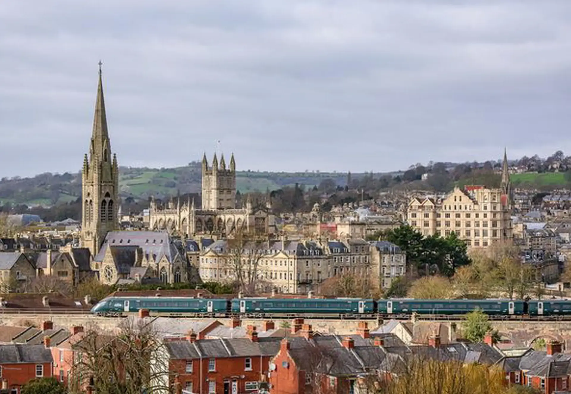 Aerial shot of city of bath, showing the churches and city houses